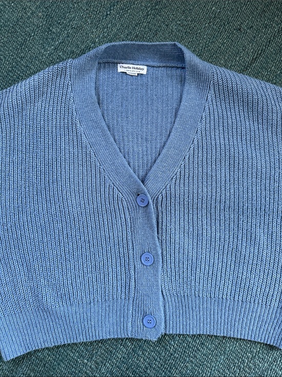 Charlie Holiday Sweaters - Charlie Holiday Dusty Blue Ribbed V-Neck Cropped Cardigan Size M